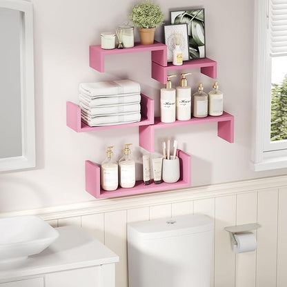 SRIWATANA Floating Shelves, Wall Shelves for Bathroom, Bedroom, Living Room, Kitchen, Office, Wood Shelves for Wall Decor Set of 5 (Pink)