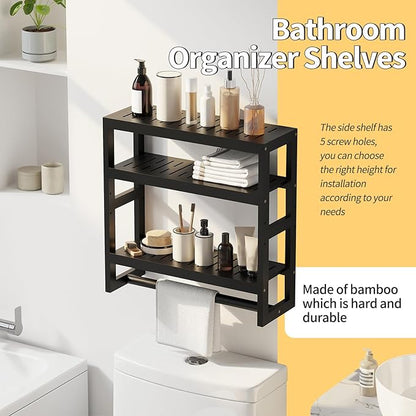 Bathroom Shelves with Hanging Bar Over Toilet Storage - Adjustable Wall Organizer (Black)