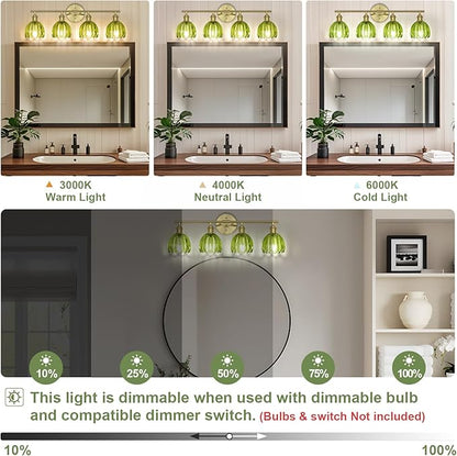 Vintage Bathroom Light Fixtures,4-Light Hardwired Vanity Lights with Green Tulip Glass Shade,Gold Bathroom Vanity Light for Mirror Restroom,E26 Socket,25.2 in(Bulbs Not Included)