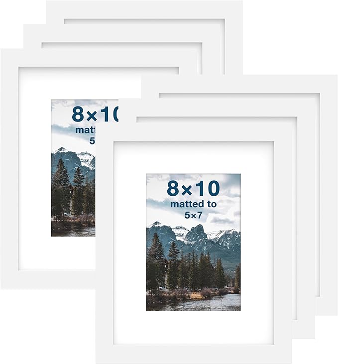 FrameWorks 8x10 mat to 5x7 Classic Wooden Picture Frames Tempered Glass/White / 6-Pack