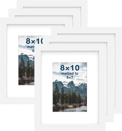 FrameWorks 8x10 mat to 5x7 Classic Wooden Picture Frames Tempered Glass/White / 6-Pack