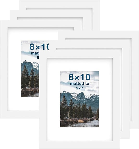 FrameWorks 8x10 mat to 5x7 Classic Wooden Picture Frames Tempered Glass/White / 6-Pack