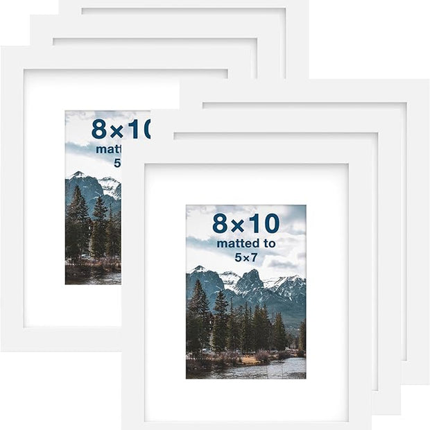 FrameWorks 8x10 mat to 5x7 Classic Wooden Picture Frames Tempered Glass/White / 6-Pack