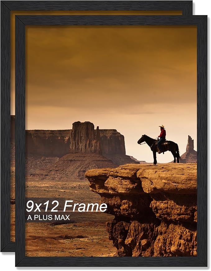 A PLUS MAX 9x12 Picture Frame Set of 2, Black Engineered Wood Frame for 9 x 12 Inch Picture Poster Photo, Light Weight 9 by 12 Frame with Wood-grain for Wall - 2 Pack/Black/9