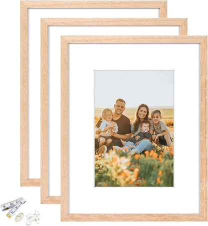 8x10 Picture Frame, OAK Wood Photo Frame 5x7 with Mat or 8x10 without Mat with Perspex Glass for Vertical or Horizontal Tabletop Wall Display for Photos, Paintings, Posters, Artwork, Set of 3