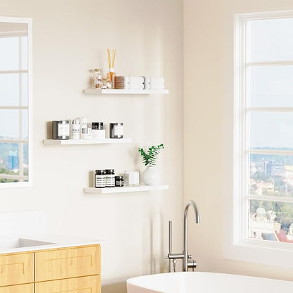 3-Pack 24" White Modern Wooden Floating Shelves, Wall Mounted, Set of 3, 6.7" W x 24" L x 1" H, 25lbs Load Capacity Each, Perfect for Bathroom, Kitchen, Living Room, Bedroom