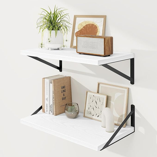 Floating Shelves, 12 Inch Deep Rustic Wood Wall Storage, 24W x 12D Wall Shelves Set of 2, Heavy Duty Metal Brackets, Large Industrial Book Shelf for Living Room, Kitchen, Bedroom, White
