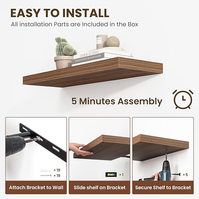 36 Inch Floating Shelves, 12 Inch Deep Floating Shelves for Wall, Floating Shelf with Invisible Brackets, Deep Shelves for Bathroom, Bedroom, Living Room, 2 Pack, Walnut