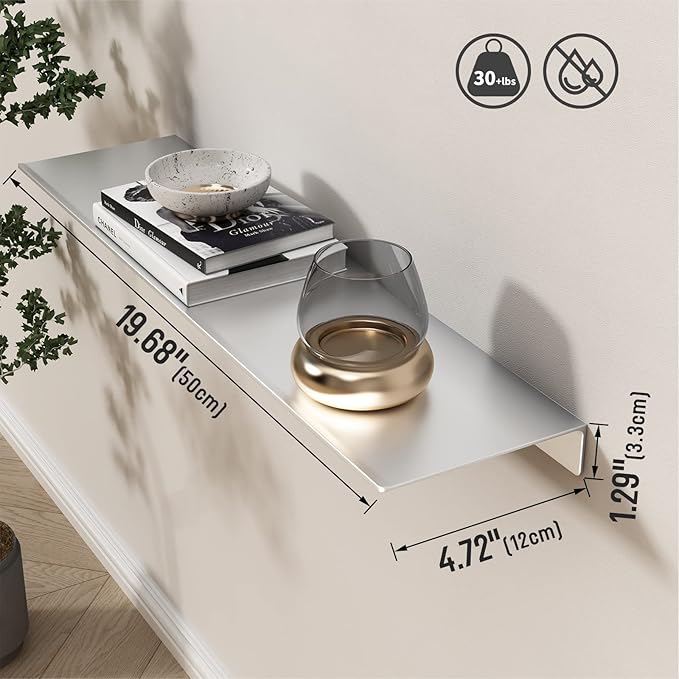 Danpoo Adhesive Floating Shelf for Wall Storage, Metal Wall Shelf for Bathroom/Living Room/Kitchen/Bedroom, 20" Long Display Shelf for Collectibles, Silver