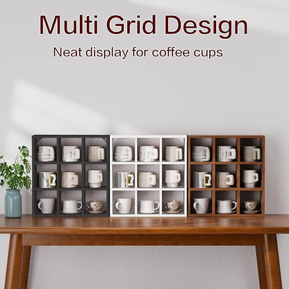 Helsin 9 Grid Vintage Coffee Mug Display Rack, 16inch Wall Mounted Wooden Curio Shadow Box Shelf, Cup Floating Shelves Display and Organizer (White)