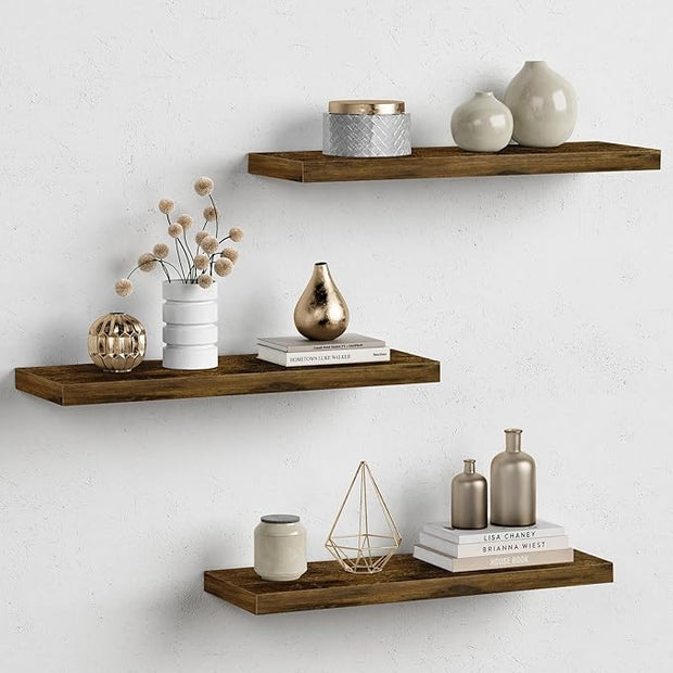 Forbena Rustic Wood Floating Shelves for Wall Set of 3, 24 Inches Long Wooden Hanging Shelves for Bedroom Books, Large Wall Mounted Shelves for Kitchen, Living Room, Closet Storage(Dark Brown)
