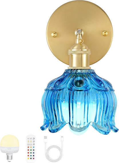 Vintage Battery Wall Sconce with Flower lampshade,Rechargeable Battery Powered Wall Lights,Wall lamp with 15 Colors for Bedroom Living Room Home Decor (Flower Blue, 1 Light Battery Operated)