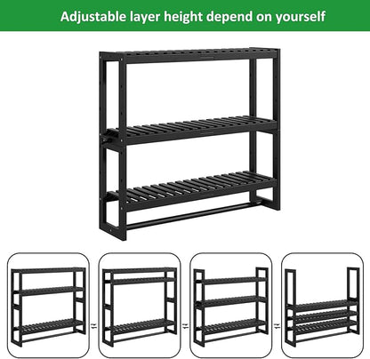 RRX Bathroom Shelf Storage Organizer, Bathroom Shelf 3-Tier Adjustable Layer Bamboo Organizer with Bar, Hanging, Freestanding Over Toilet Utility Shelves, Black