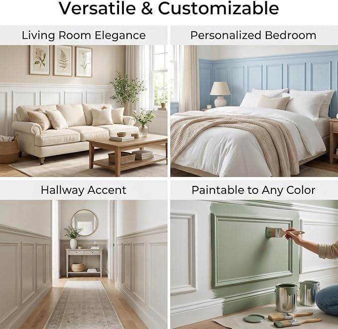 Peel and Stick Wall Molding Kit, 55"x16.5" Pre-Cut Wainscoting Panels, Ready-to-Assemble Self-Adhesive Walltrim for Living Room Bedroom Accent Wall Décor, Paintable & Lightweight Polystyrene