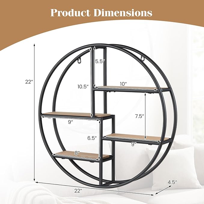 Giantex Industrial Style Round Wall Shelves, 4-Tier Decorative Circle Metal and Wood Wall Shelf for Display & Storage, Modern Geometric Wall Mounted Display Organizer for Living Room, Bedroom, Study