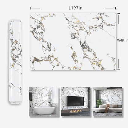 197x48inch Extra Wide Wall Paper White Gold Marble Contact Paper Peel and Stick Waterproof Self Adhesive Vinyl PVC Laminate Wrap Wallpaper for Kitchen Backsplash Bedroom Accent Walls Decor