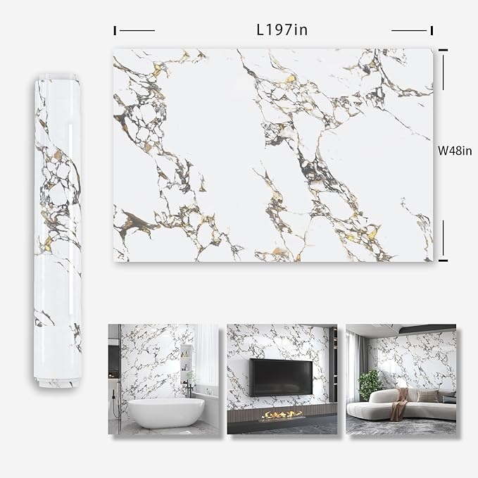 197x48inch Extra Wide Wall Paper White Gold Marble Contact Paper Peel and Stick Waterproof Self Adhesive Vinyl PVC Laminate Wrap Wallpaper for Kitchen Backsplash Bedroom Accent Walls Decor