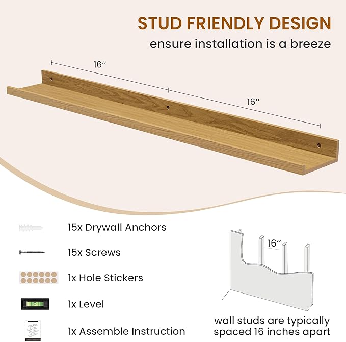 Axeman Picture Ledge Shelf, Floating Shelves for Decor Storage Set of 6, 36 inch Floating Wall Mounted Shelves, Wall Shelves with Lip for Living Room, Bedroom, Nursery, Bathroom, Kitchen, Oak