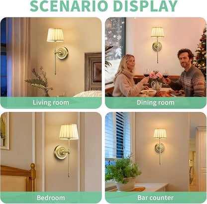 Cordless Wall Sconces Set of 2,10000mAh Small Wireless Battery Operated Wall Sconces Set of Two with RGB LED, Remote, Timer & Dimmable Fabric Gold Wall Lamps for Bedroom, Living Room, Hallway (Gold)