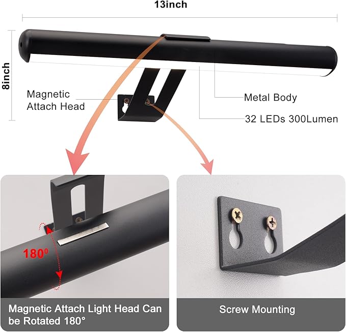 Picture Light 2 Pack, Rechargeable Picture Light for Paintings with Remotes, Wireless Picture Frame Light, 3 Lighting, 300LM Battery Operated Art Light for Display, Picture-Black
