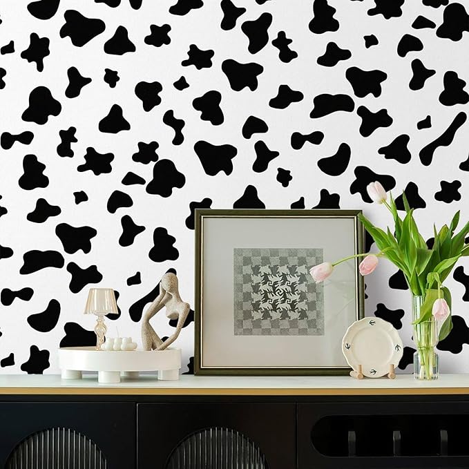 Black and White Spots Contact Paper Cow Printed Peel and Stick Wallpaper Self-Adhesive Cute Wallpapers Vinyl White Black Decals for Wall Nursery A Set of 17.3
