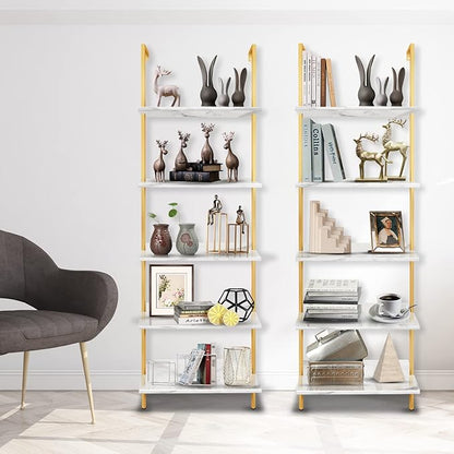 aboxoo Ladder Shelf 2PCS White Marble Bookshelf 5-Tier Wall-Mounted Wood Rack Open Industrial Modern Plant Flower Stand Utility Organizer Bookcase Metal Frame Furniture Office Kitchen Bedroom