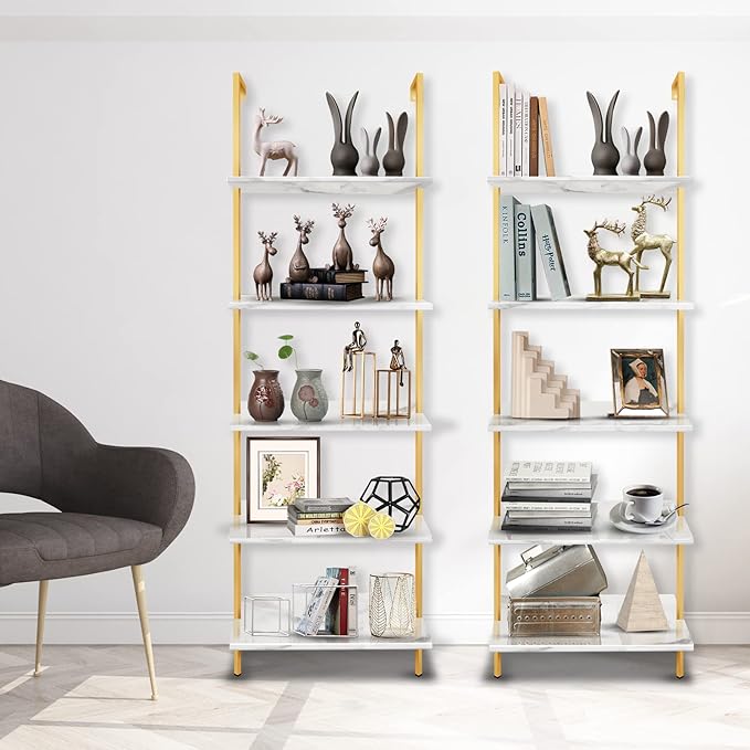 aboxoo Ladder Shelf 2PCS White Marble Bookshelf 5-Tier Wall-Mounted Wood Rack Open Industrial Modern Plant Flower Stand Utility Organizer Bookcase Metal Frame Furniture Office Kitchen Bedroom
