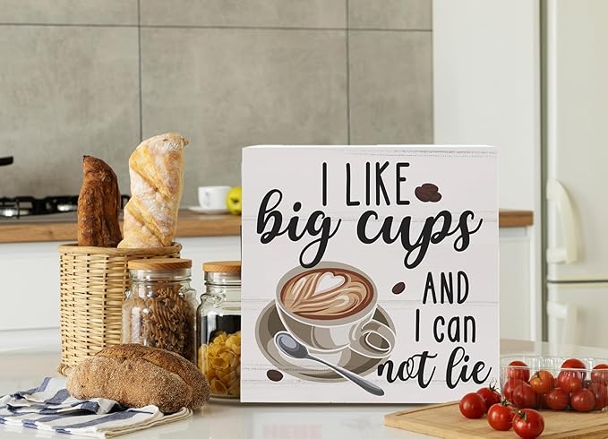 Christmas Coffee Bar Decor - Coffee & Tea Bar Wooden Box Sign, Big Cups Kitchen Wall Sign