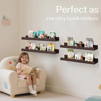Walnut Scalloped Book Shelf, Dark Wood Nursery Book Shelves Set of 2 Pine Wooden Floating Bookshelf for Wall Cloud Picture Ledge Shelf for Kids Bedroom Baby Child Toddler Room Kitchen(90cm)