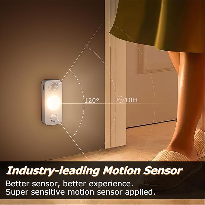 LED Motion Sensor Puck Lights, Rechargeable Cabinet Lights, Stick on Wireless LED Night Light for Closet, Drawer, Shelf, Under Cabinet, Warm White 4Pack, USB Charging Cord Included