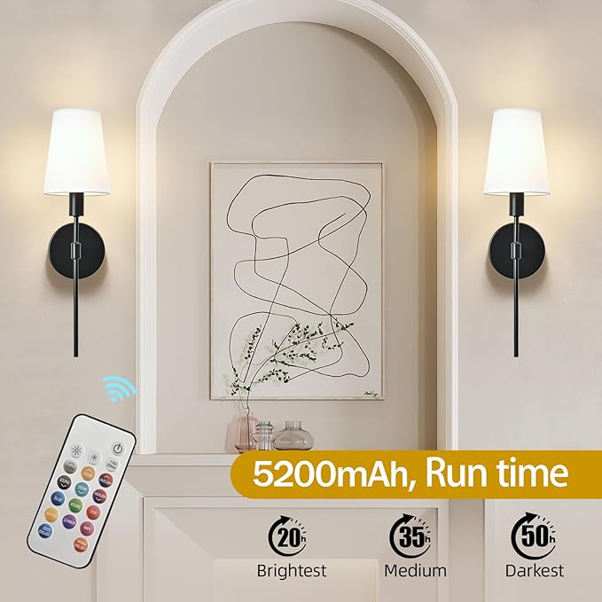 Battery Operated Wall Sconce Set of 2, Rechargeable Wall Lights with 2 * 52000mAh Magnetic Battery Bulbs, 18 RGB Colors, Dimmable Wireless Sconces for Bedroom Living Room Hallway
