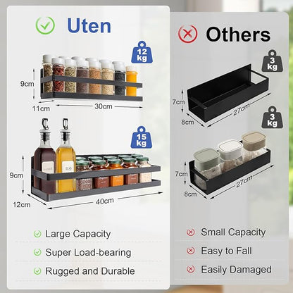 Uten Large Magnetic Spice Rack for Refrigerator, 2 Pack Enhanced Magnetic Shelves, Magnetic Shelf Moveable Fridge Organizer for Kitchen Holding Spices, Jars, Perfect Space Saver Storage Spice Rack