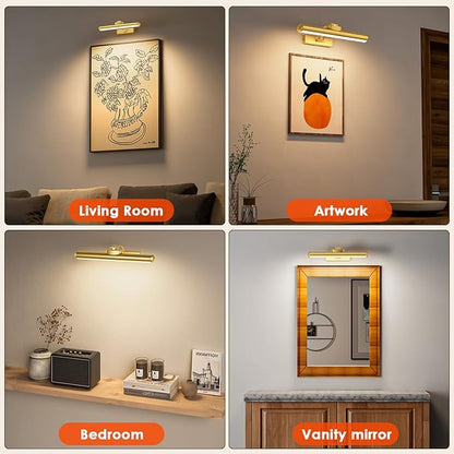 Picture Light for Wall with Remote, Wireless Battery Operated Wall Lights with 3 Colors Dimmable & Timer, 12.6" Rechargeable Metal Wall Sconce for Living Room, Artwork Gallery Display, Gold 1Pack