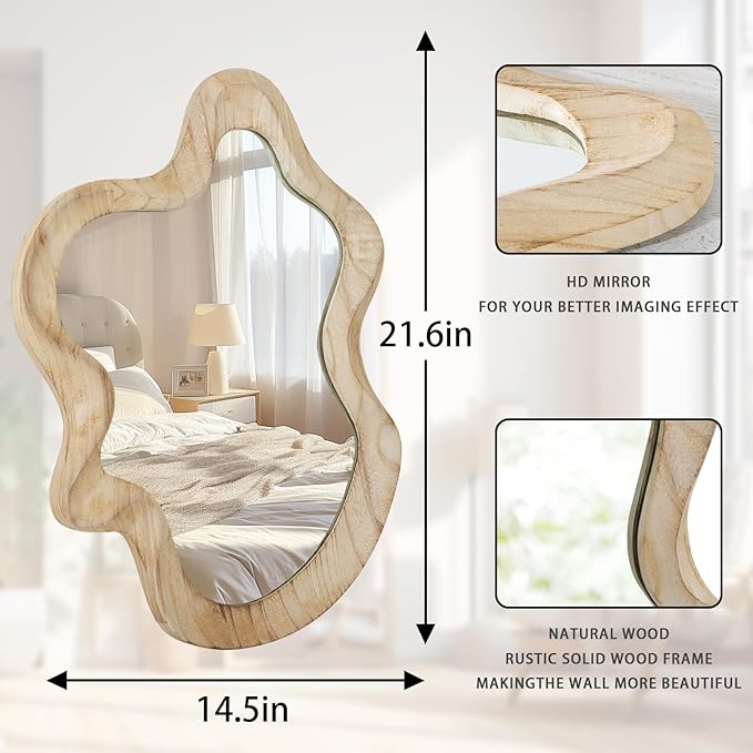 Large Asymmetrical Wall Mirror Irregular Wood Frame Mirror Modern Unique Wall-Mounted Artistic Wavy Mirror Decor Bathroom Vanity Bedroom Living Room Entryway Hallway 21.6