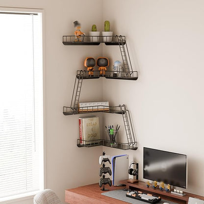 Fire Escape Wall Shelf - Modern City Style 4-Tier Corner Wall Shelves, Easy to Install Metal Ladder Shelf for Figures, New York Decorative Shelves for Bathroom, Living Room & Home Decor,Black