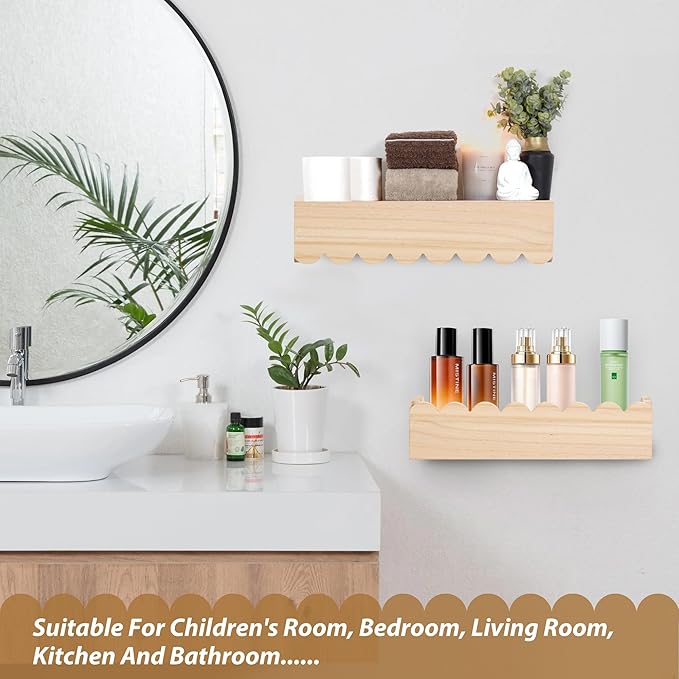 Wood Floating Shelves for Wall,Nursery Bookshelf,Kids Book Shelf,Baby Toys Storage Decor Organizer Wall Mounted for Living Room Bedroom,Wavy Edge,Preassembled,4 Pack,Scalloped Pine(Natural Wood)