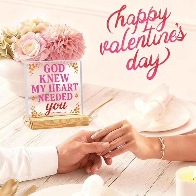 Valentines Desk Decor, Happy Valentine's Day Home Office Table Sign for Porch Tiered Tray Shelf Party, Rustic Romantic Acrylic Gifts Decorations for Him Her Wife, God Knew My Heart Needed You