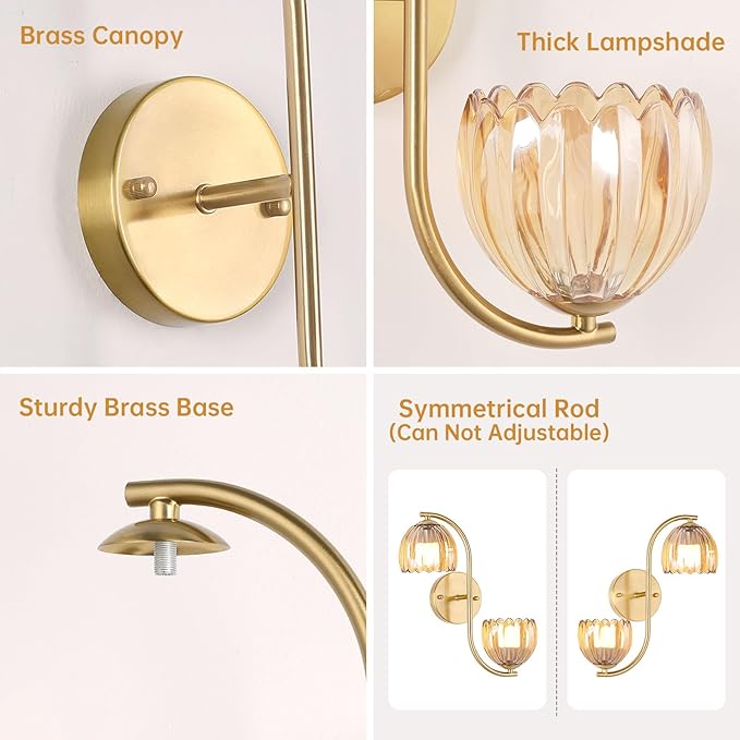 Battery Operated Wall Sconce, 2-Lights Vinatge Brass Wall Lighting Up and Down with Amber Tulip Shade for Living Room, Bedroom, Symmetrical 2 Pack