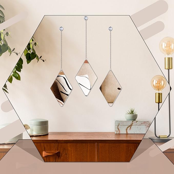 Suzile 6 Pcs Diamond Wall Mirror Set with Chain Hanging with Diamond Handle Frame Decorative Chain Mirror for Home Entryways Living Room Bathroom Farmhouse Wall Decor(Silver)