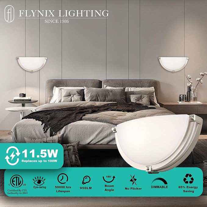 13 inch Dimmable LED Wall Sconce, Half Moon Wall Light Fixture, 3000K/4000K/5000K Color Temperature Adjustable, Modern Bathroom Vanity Light Fixtures，Super Bright (Brushed Nickel) 2 Pack