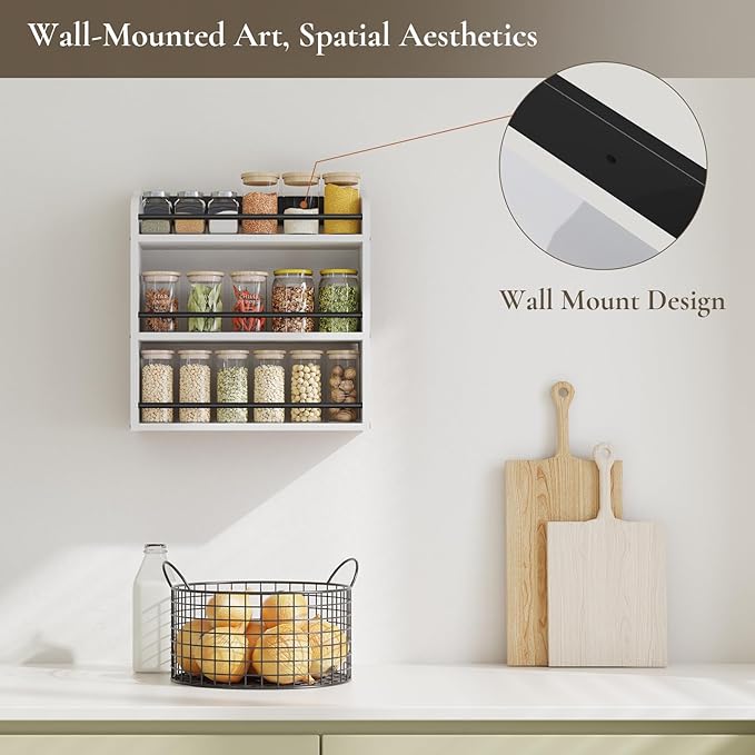 3 Tier Wooden Spice Rack, Seasoning Jars Rack Shelf Spice Organizer for Countertop or Wall Mount, Vertical Spice Holder for Kitchen Counter, Cabinet, Pantry, White