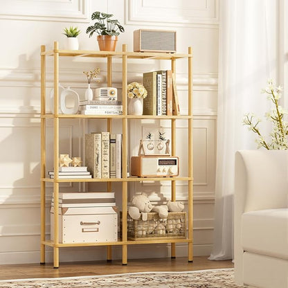 Book Shelf, 4 Tier Bamboo Bookshelf, Tall Bookcase with 8 Open Display Shelves Storage Organizer, Adjustable Bookshelves Standing Shelf Units for Bedroom, Living Room, Bathroom, Home Office
