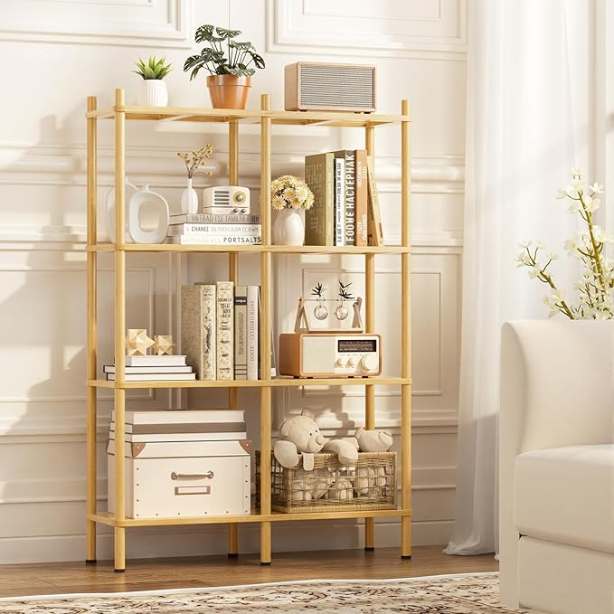 Book Shelf, 4 Tier Bamboo Bookshelf, Tall Bookcase with 8 Open Display Shelves Storage Organizer, Adjustable Bookshelves Standing Shelf Units for Bedroom, Living Room, Bathroom, Home Office