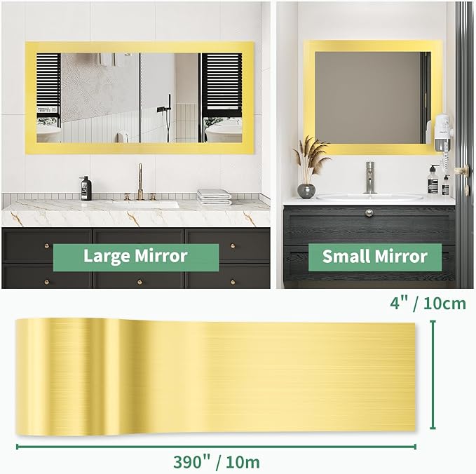 Peel and Stick Wallpaper Borders 390” x 4” Self Adhesive Mirror Frame Border Brushed DIY for Kitchen Bathroom Mirror Removal Border Sticker Wall Decor Cover 10.8 Sq.Ft, Brushed Golden