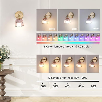 Vintage 5000 mAh Battery Operated Wall Sconce with Pink Clear Tulip Glass Lampshade Rechargeable Battery Powered Wall Light with Remote Control for Bedroom Doorway, Set of 2