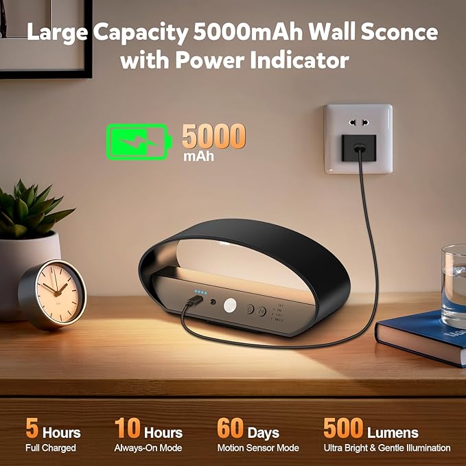 Motion Sensor Wall Sconces Set of 2, Rechargeable 5000mAh Battery Operated Wall Light with Remote Control 3 Colors Temperatures & Dimmable 15 RGB Colors Up and Down Wireless Wall Mount Light