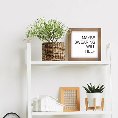 Funny Desk Signs, 6 Inch Wooden Maybe Swearing Will Help Sign, Rustic Office Decor for Cubicle Table Shelf Farmhouse Home Decorations
