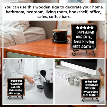 Funny Bartender Review Desk Sign, Funny Home Bar Plaque, Wooden with Stand, Bartender Was Cute Would Drink Here Again Wooden Tabletop Decor for Bar Table Decorations, Desk Shelf Decor Supplies