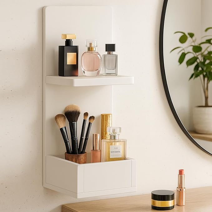 2-Tier White Floating Wall Shelf, 20x8x6 Wall-Mounted Wooden Beside Shelf/Nightstand for Home Décor, Plants, Cosmetics, Bathroom, Kitchen, Bedroom Storage (White with Box)
