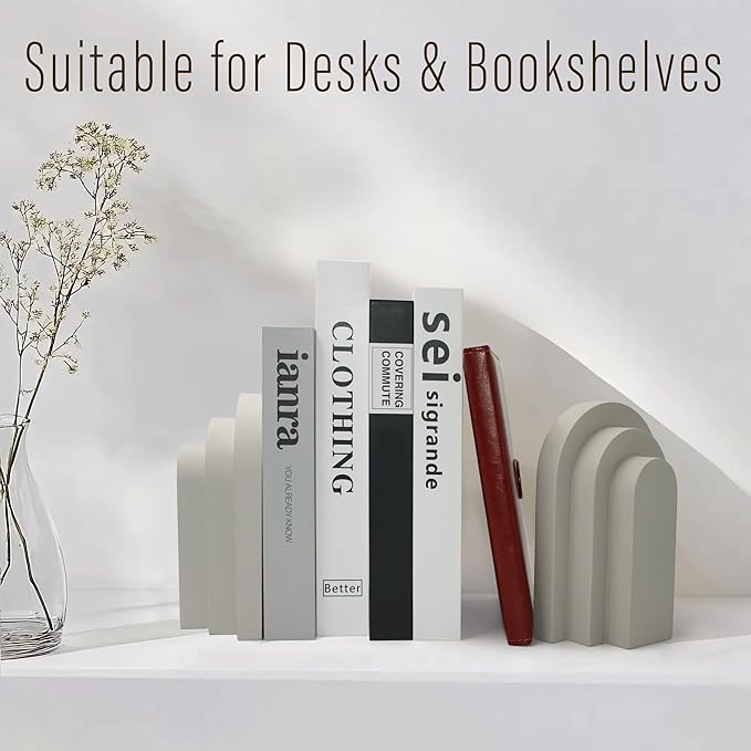 Heavy Duty Book Ends for Shelves, Decorative Bookends for Heavy Books Set of 2, 6.6 LBS Modern Book Stopper for Home Decor, Bookshelf, Aesthetic Bookend with Layered Arch Design, Gray